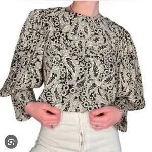 Zara Black Cream Silver Paisley Balloon Sleeve Top